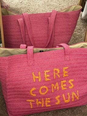 Pink Embroidered Woven Tote Bag - Here Comes The Sun
